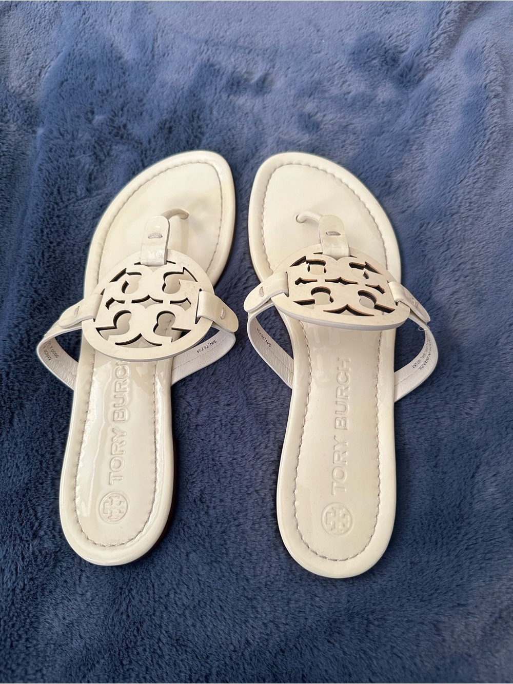 Tory Burch Cream Miller Logo Thong Sandals with Cutout Medallions